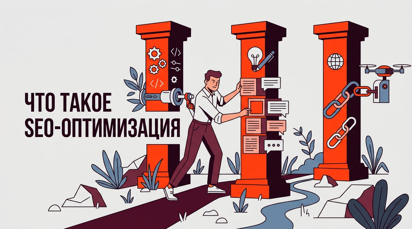 Схематичное изображение трех колонн с надписями технический аудит, контент и ссылки, объясняющее из чего состоит сео оптимизация это
