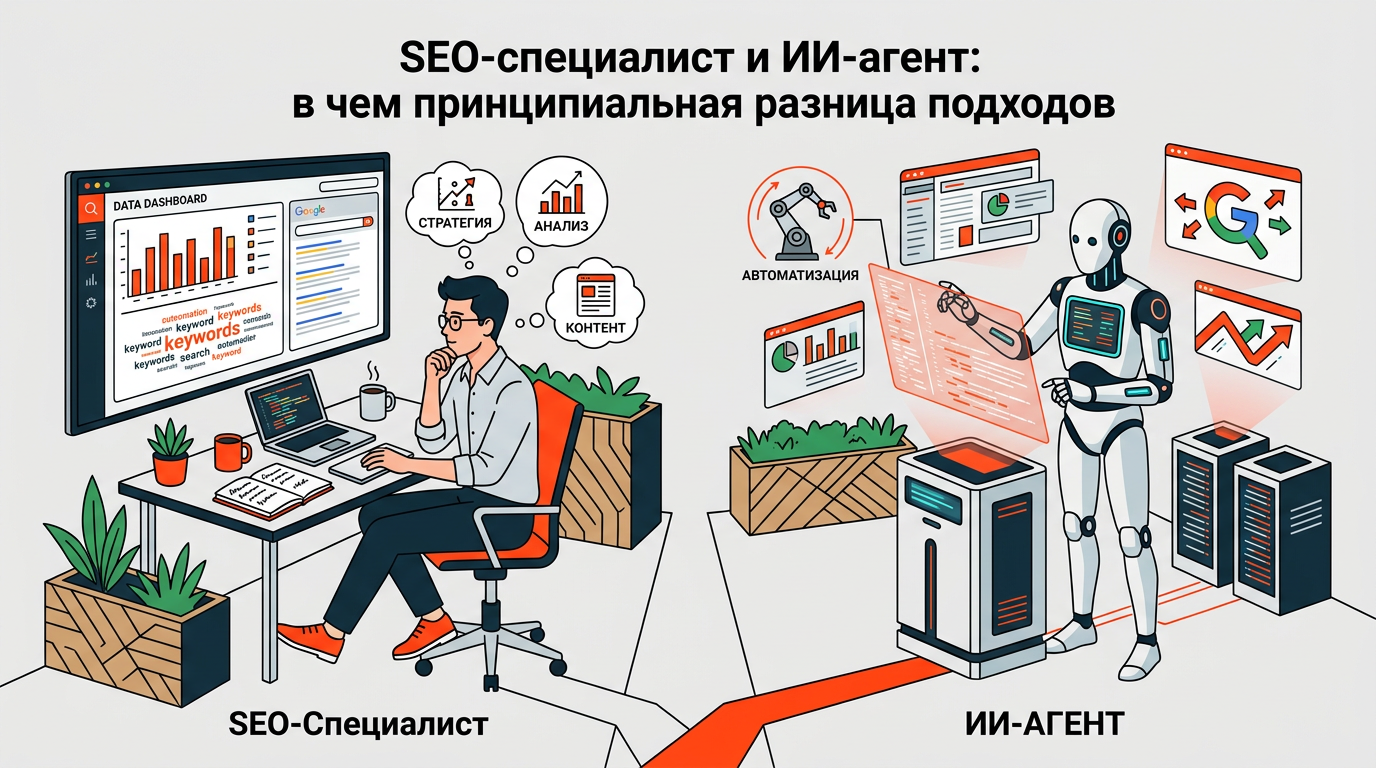Сравнение работы SEO-специалиста за компьютером и интерфейса ИИ-агента для анализа поисковой выдачи и выбора стратегии продвижения бизнеса