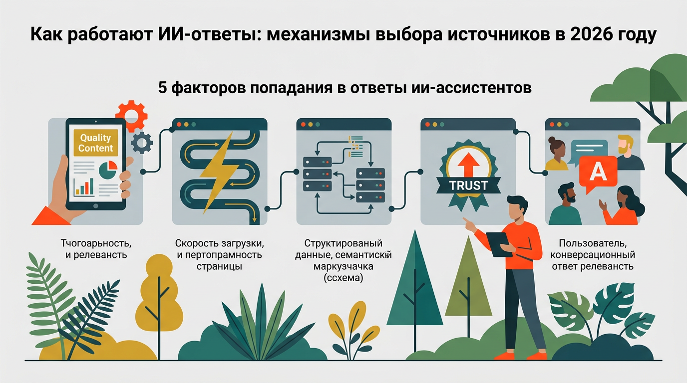 Робот анализирует схему из пяти ключевых факторов для попадания контента в ответы ии-ассистентов на фоне цифровых узлов связи