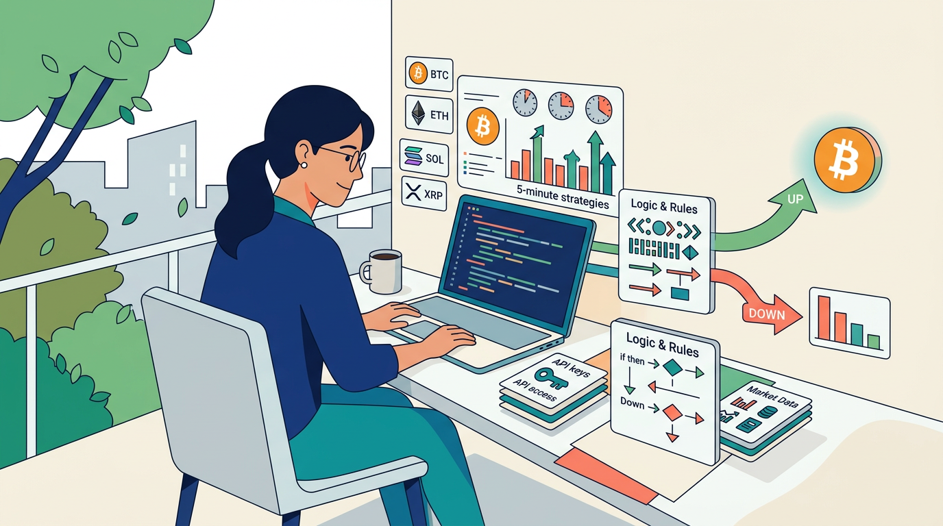 A hand typing on a laptop keyboard next to a glowing digital screen displaying real-time Bitcoin price charts and automated trading code lines