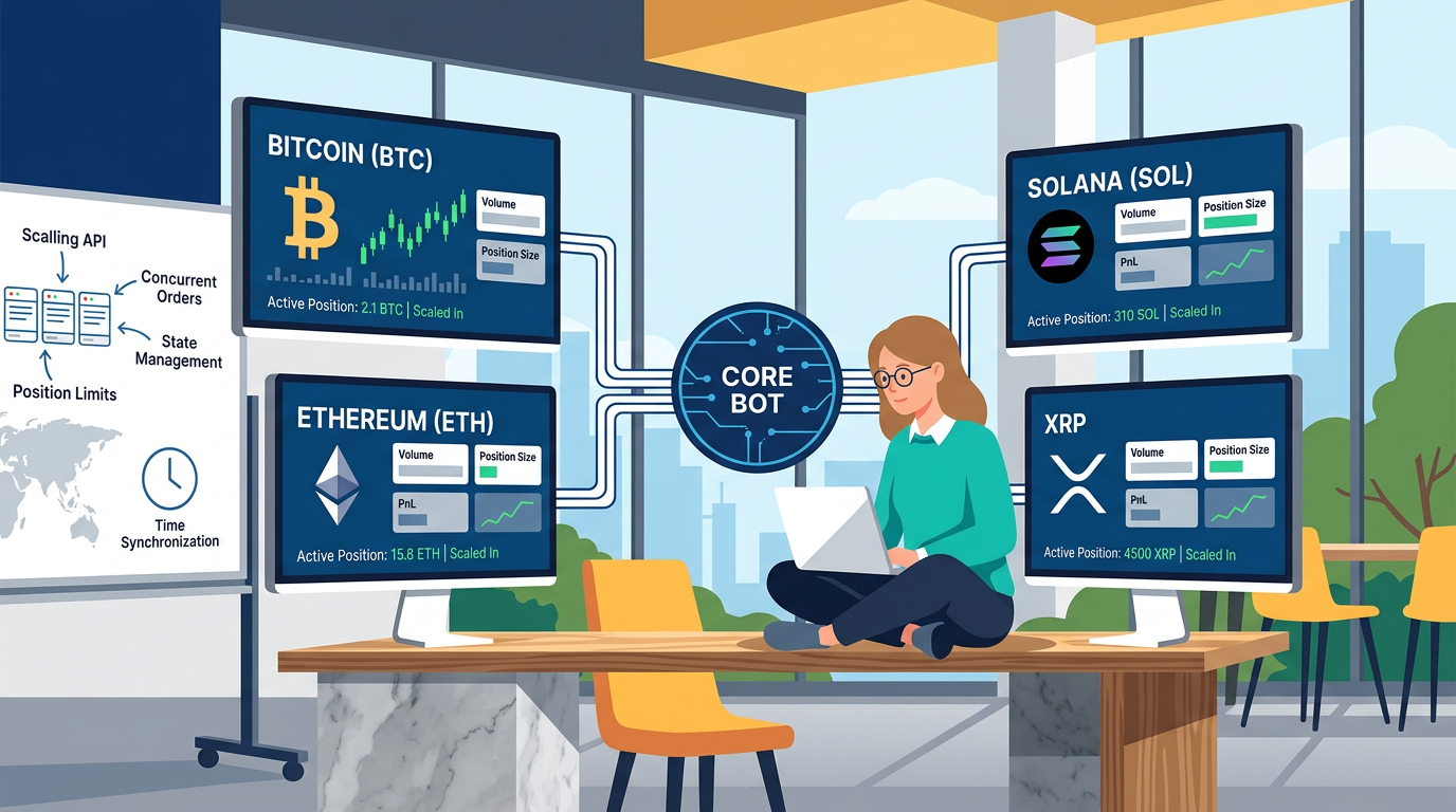 A professional monitors a dashboard with multiple real-time data charts to learn how to manage multiple active positions concurrently