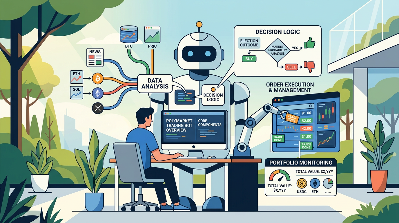 A digital blueprint of a trading bot interface displaying market data feeds, order execution modules, and API integration tools for Polymarket