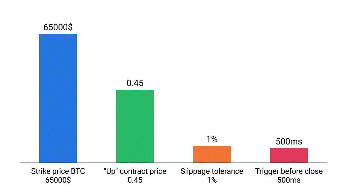 Flowchart showing a Python script connecting to Polymarket APIs to execute automated Bitcoin price predictions on five and fifteen minute intervals