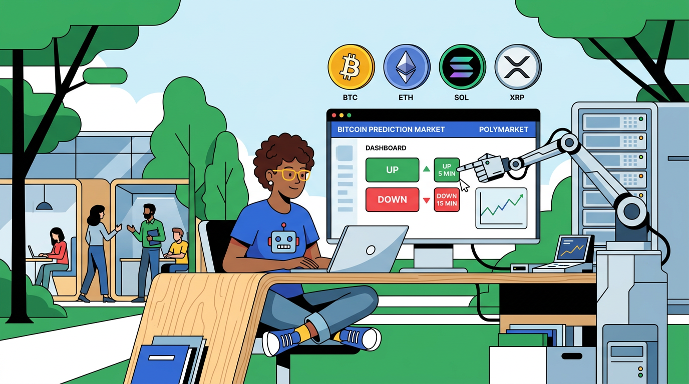 Digital interface displaying real-time Bitcoin price fluctuations and binary betting options for a Python Polymarket bot for Bitcoin up or down markets