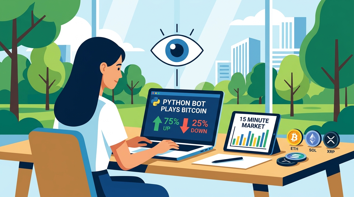 Digital interface displaying rapid Bitcoin price fluctuations and automated trade executions for a python polymarket bot for bitcoin up or down 5/15 minute markets
