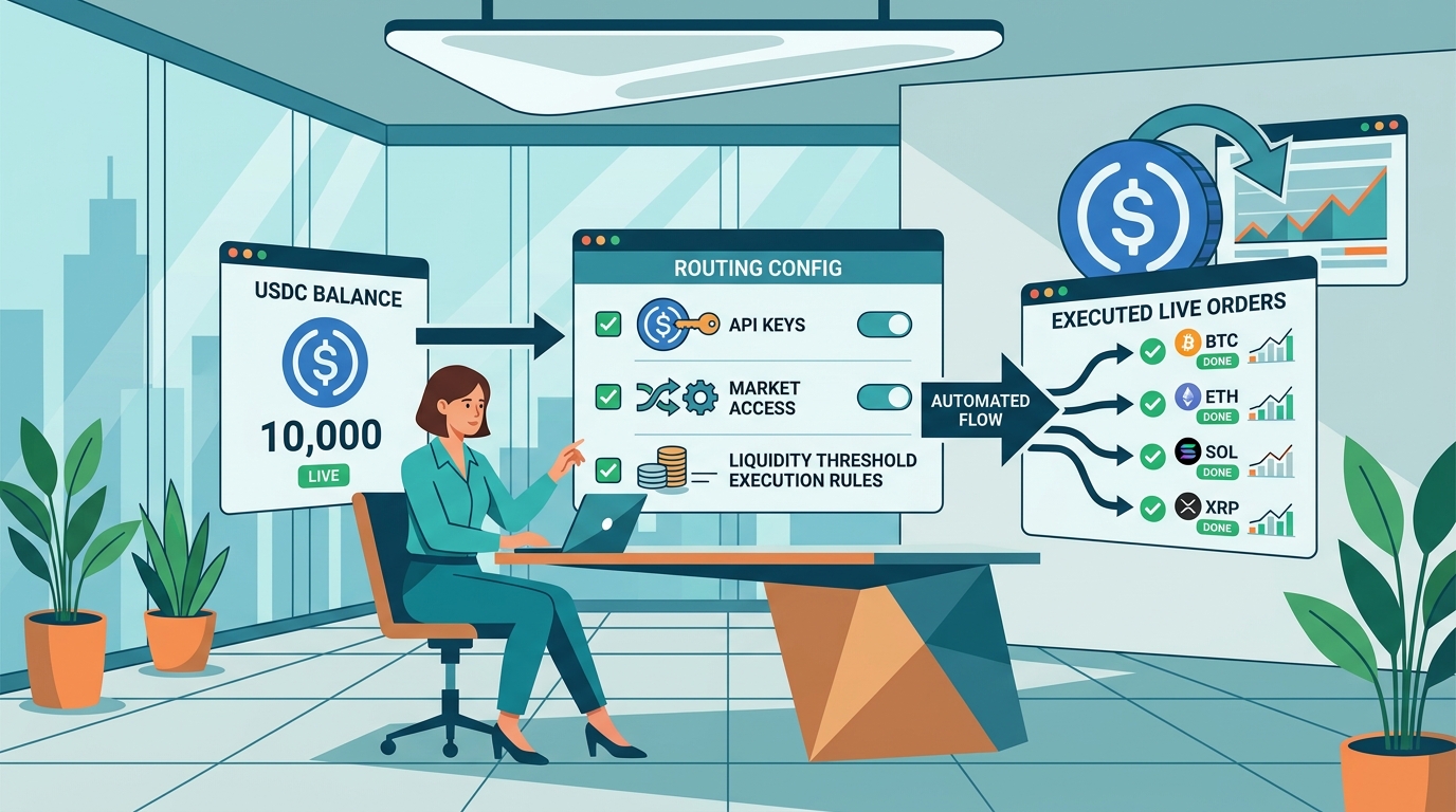 A person interacts with a digital dashboard to learn how to configure USDC execution for live orders through automated data flow nodes