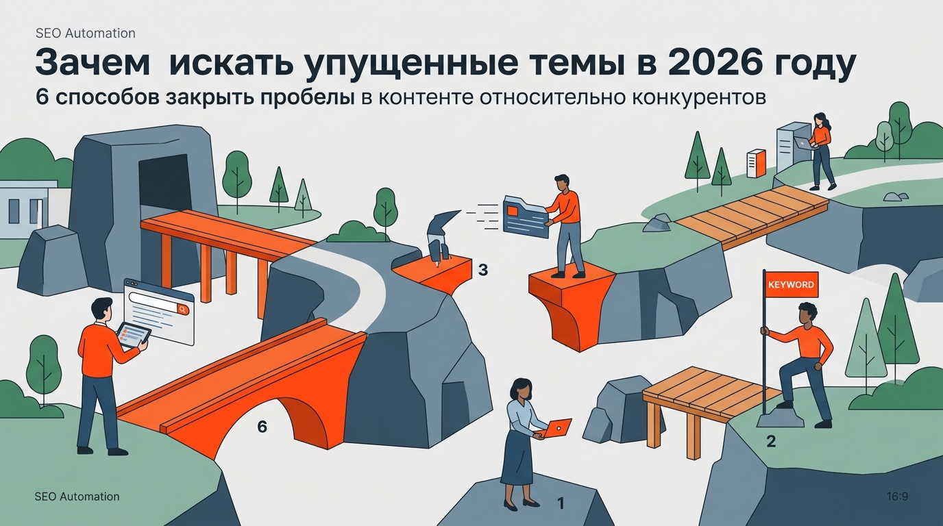 Маркетолог изучает сравнительную таблицу с анализом контента конкурентов и отмечает недостающие темы для заполнения пробелов в стратегии 2026 года
