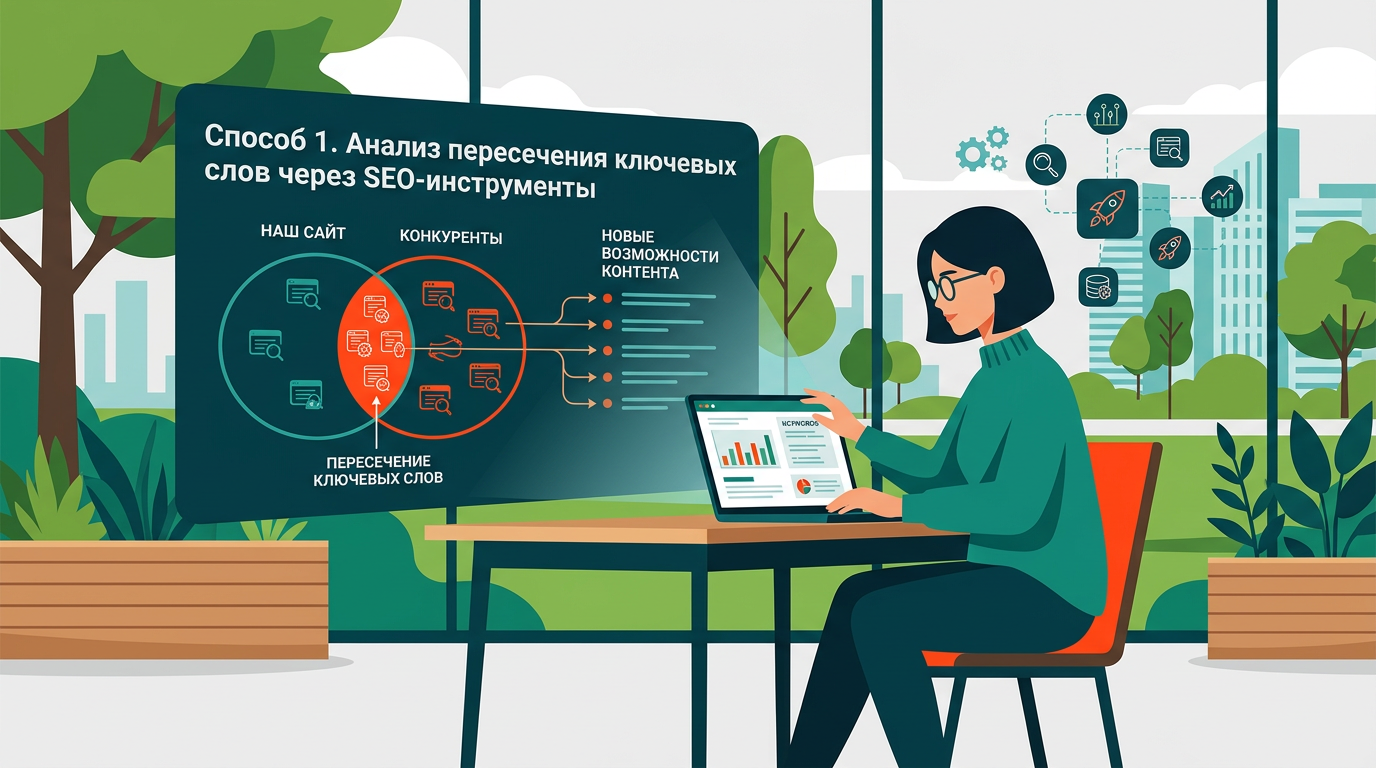 Интерфейс SEO-сервиса с таблицей сравнения ключевых слов и выделенными пересечениями семантики между сайтом и конкурентами