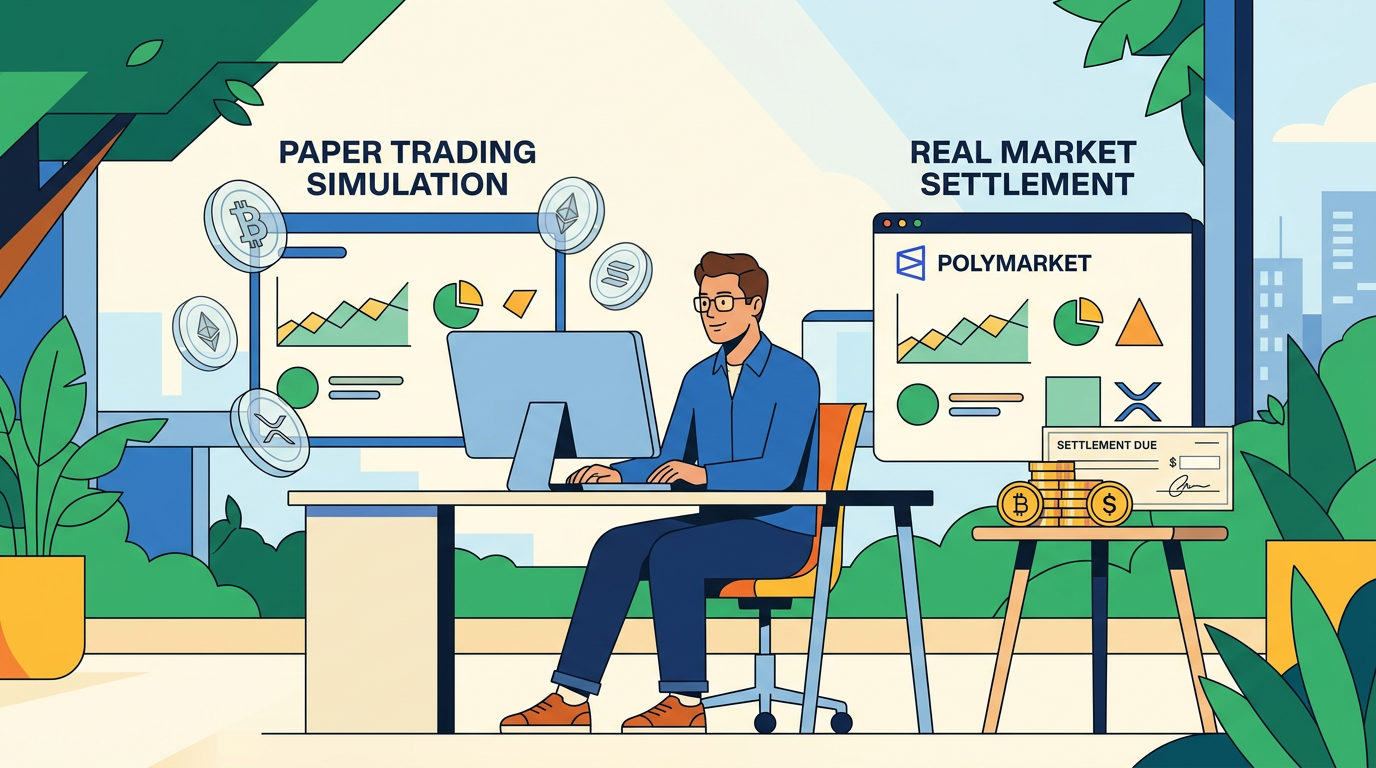 A person uses a digital tablet to simulate market trades alongside a physical graph showing how paper trading reflects real settlement outcomes