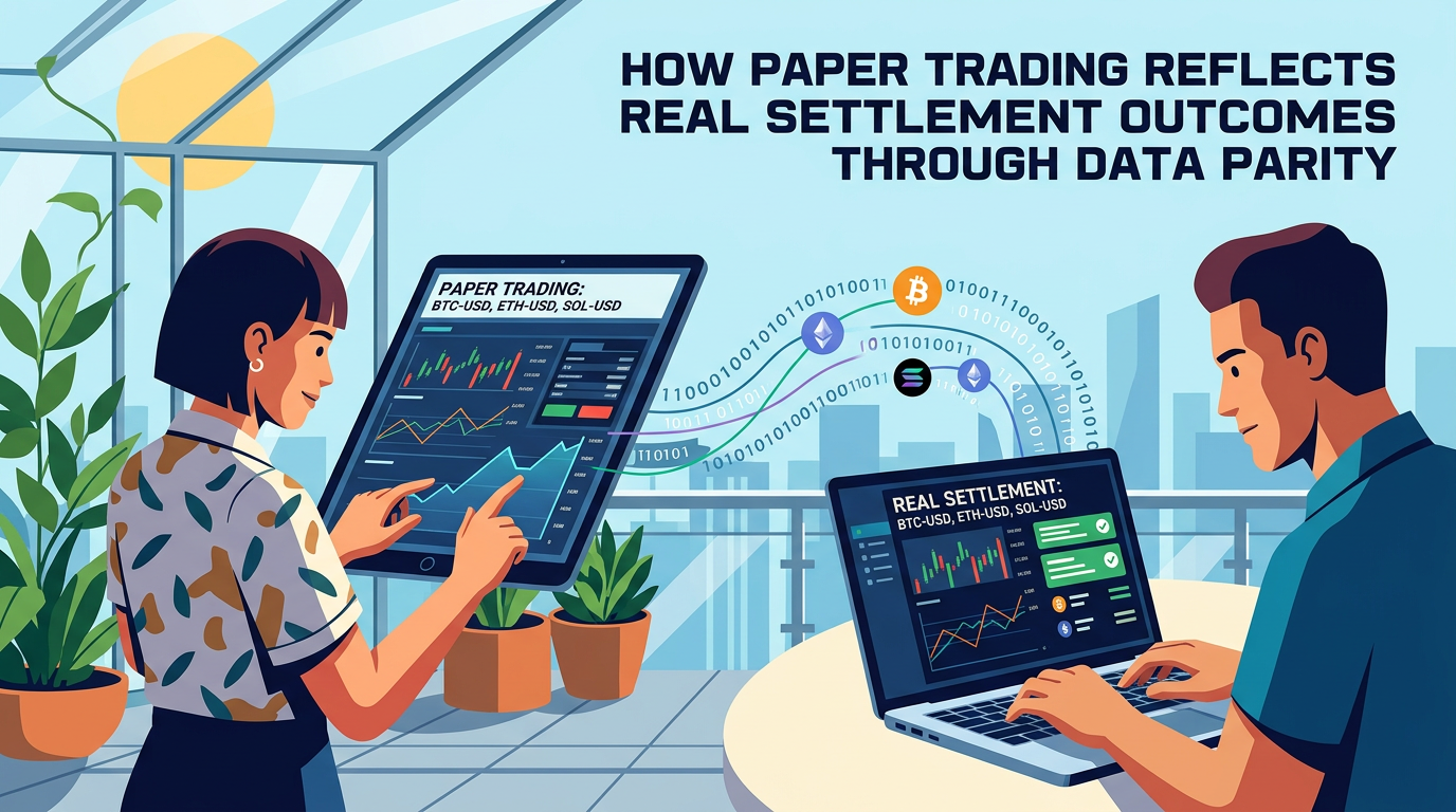 Split screen showing a digital trading interface on a laptop and a tablet displaying identical real-time stock market data charts and graphs
