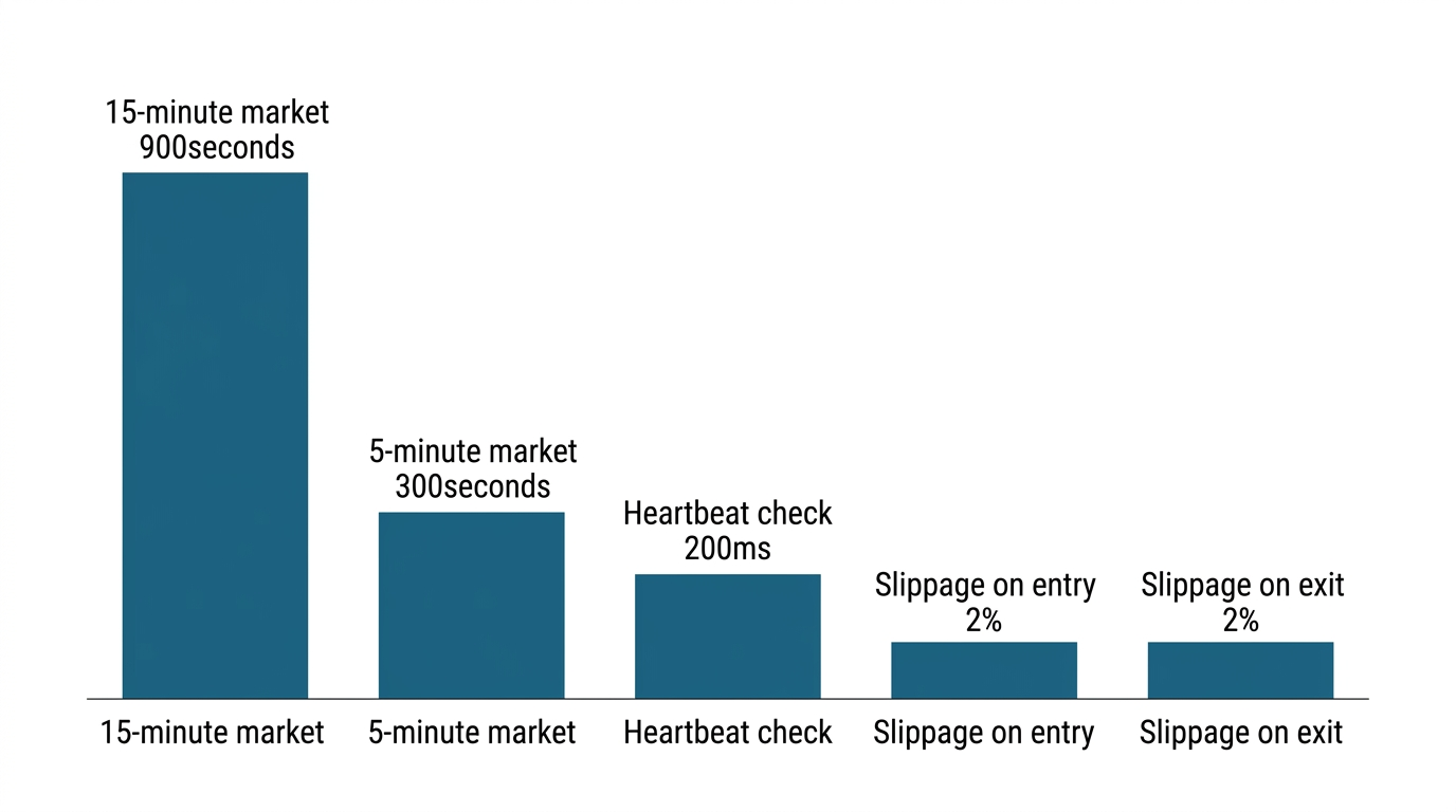 Two side-by-side digital trading charts show how 5-minute crypto markets differ from 15-minute markets through varying candlestick density and speed