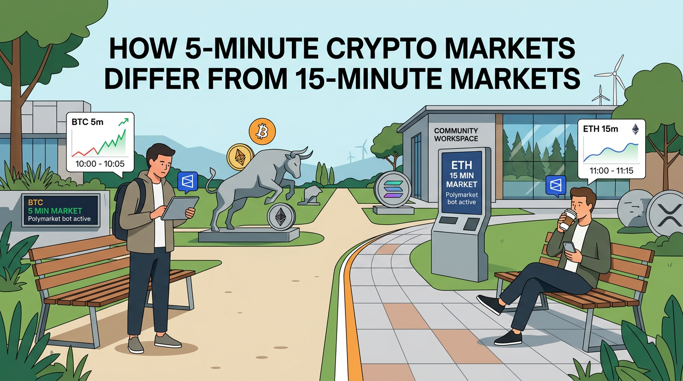 Two digital stopwatches side by side showing 5:00 and 15:00 intervals next to fluctuating cryptocurrency price charts on a dark screen
