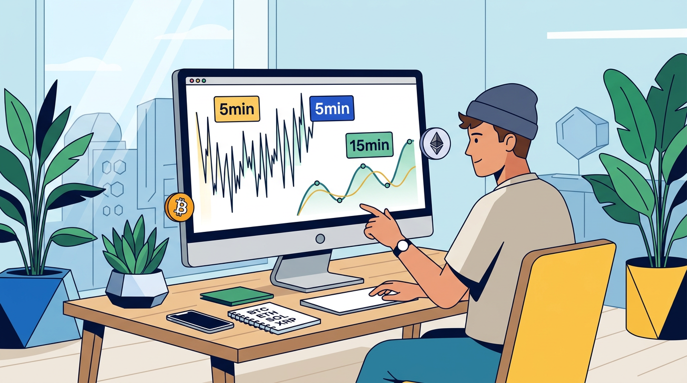 Two side-by-side digital candlestick charts showing how 5-minute crypto markets differ from 15-minute markets through rapid price fluctuations