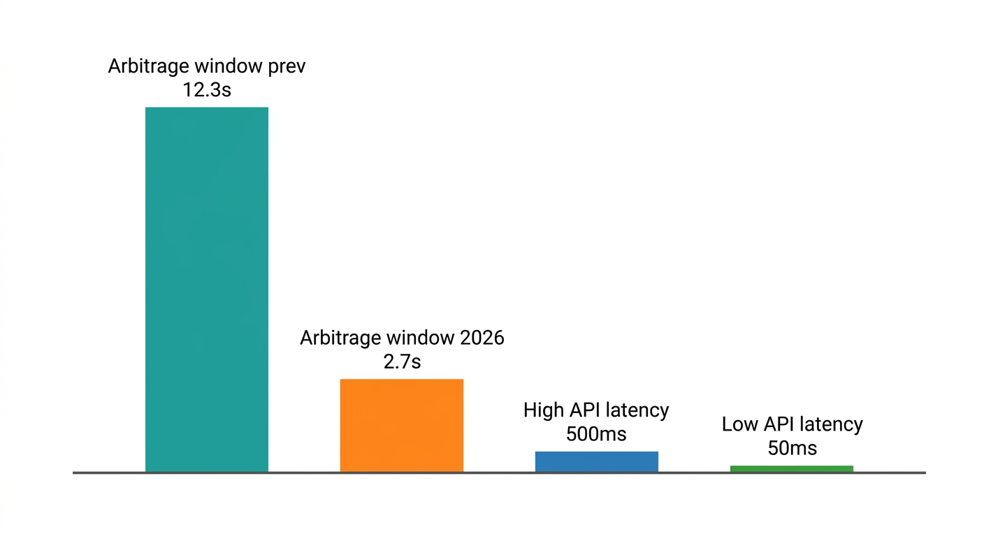 A digital stopwatch displays a 2.7 second countdown next to a rapid trade execution arrow showing how automated arbitrage works on Polymarket