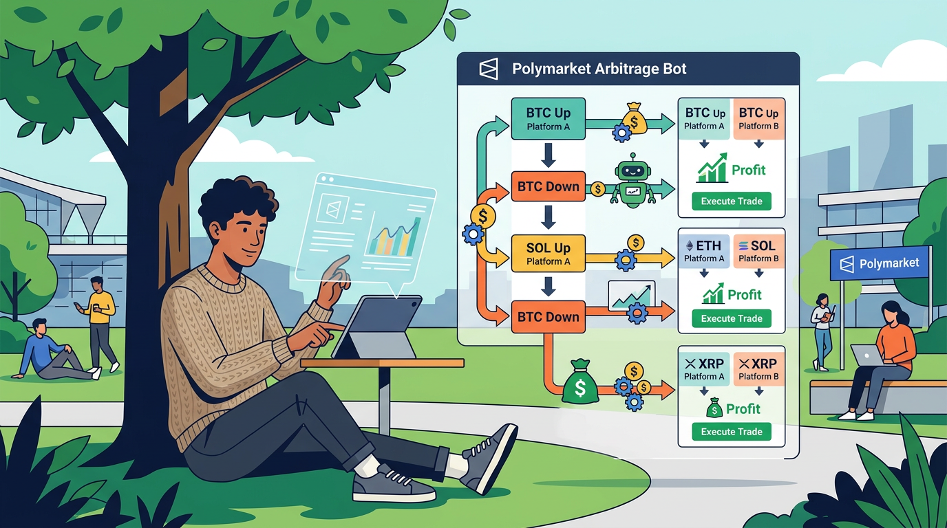 A digital dashboard displays real-time price charts and automated trade executions between Polymarket and external crypto exchange order books