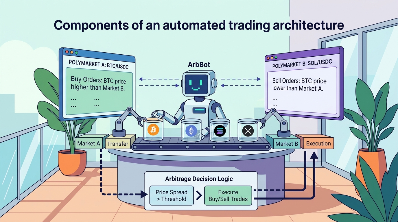A technical diagram showing a central trading bot connected to market data feeds, order execution APIs, and a digital wallet on Polymarket