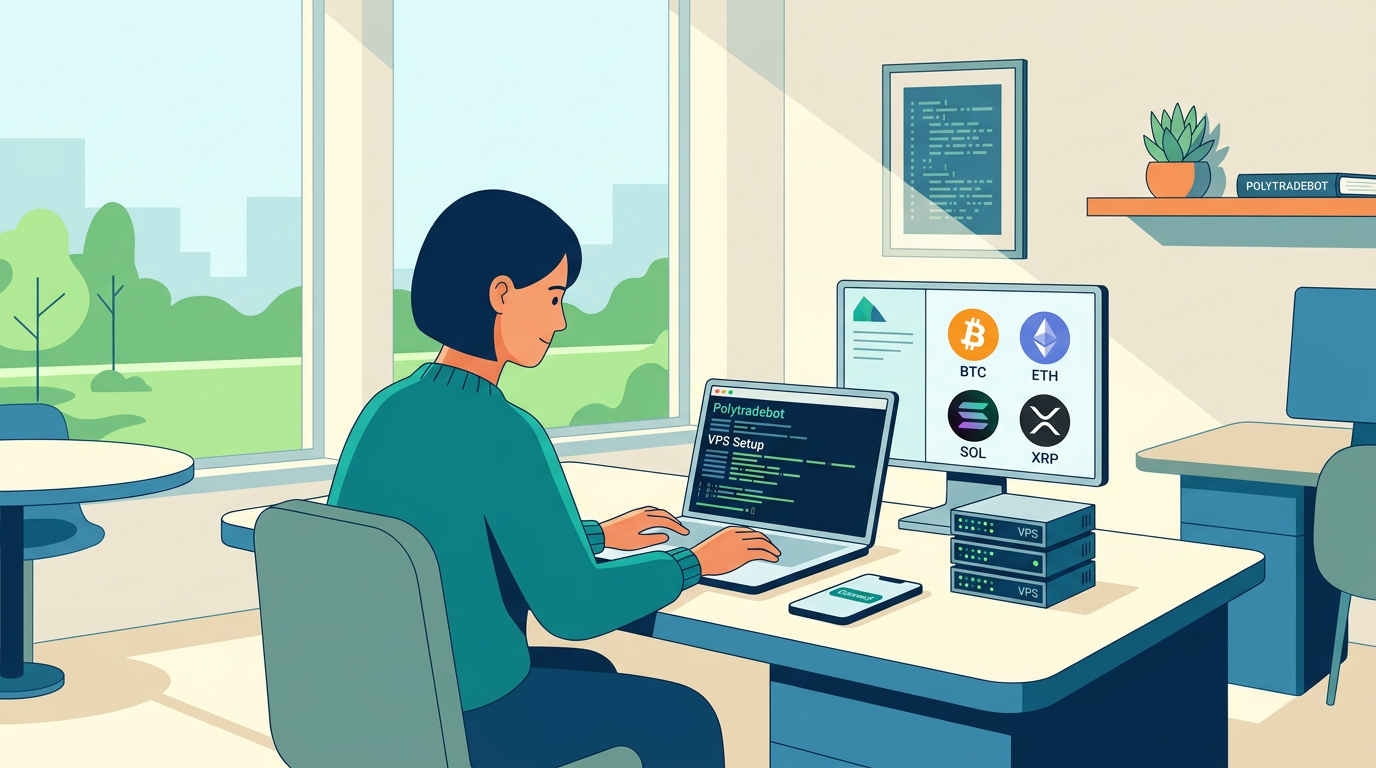 A digital dashboard displays server performance metrics and code snippets illustrating how to run the trading bot on a private vps setup