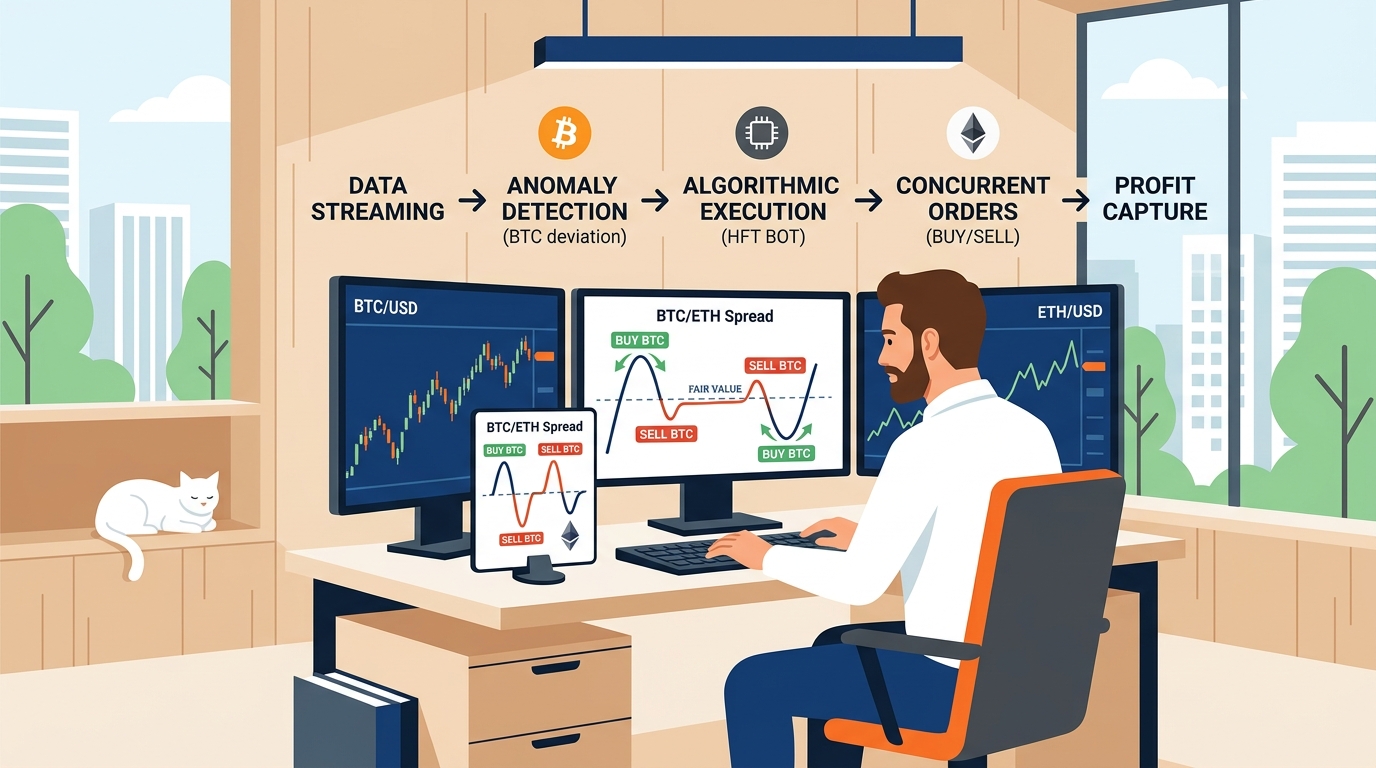 A split screen showing Bitcoin and Ethereum price charts with intersecting trend lines and percentage indicators to visualize statistical correlation