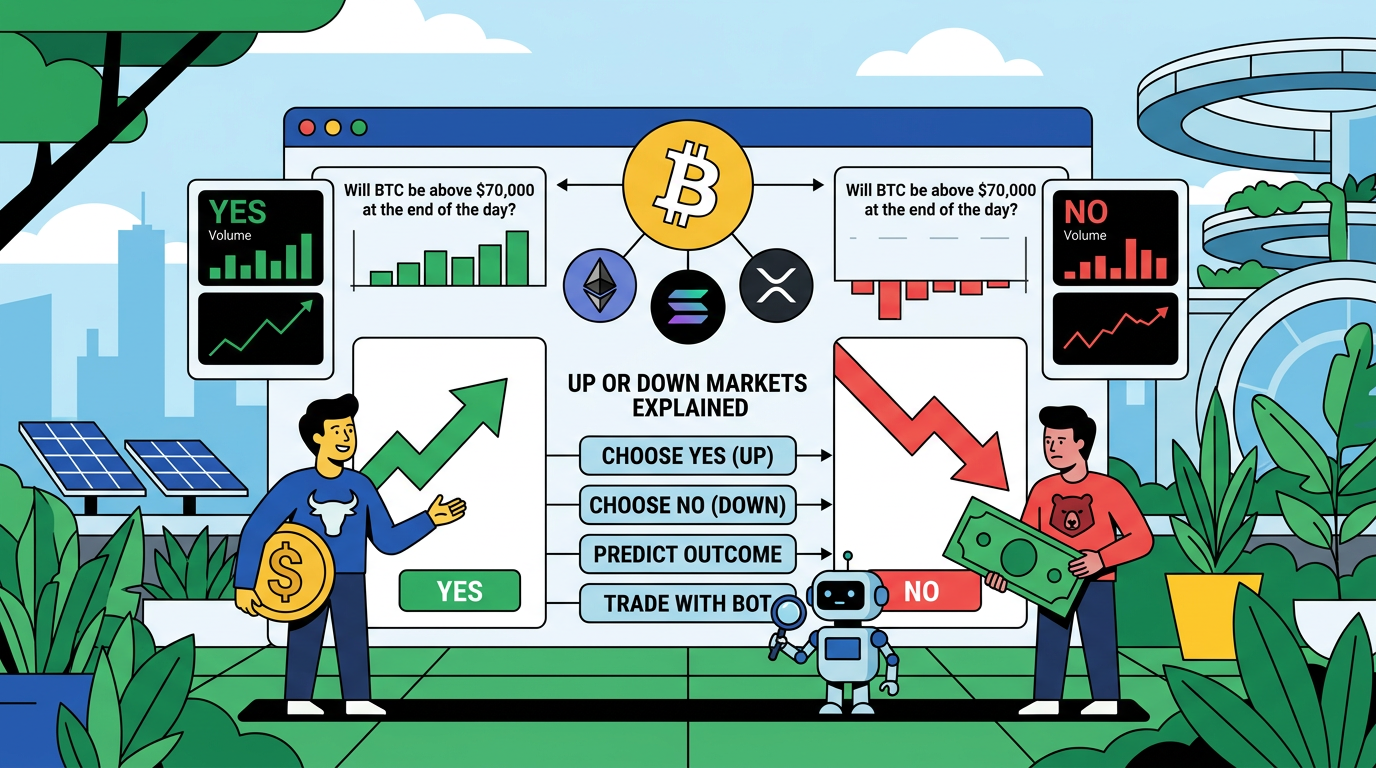 A person points to a digital price chart on a screen showing a green upward arrow and a red downward arrow for market predictions