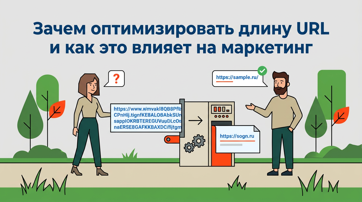 Рука пользователя вводит длинный веб-адрес в строку онлайн-сервиса, чтобы быстро сократить ссылку на сайт для удобного использования в маркетинге