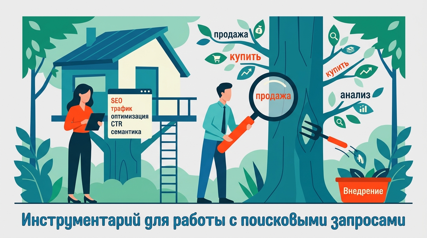 Специалист анализирует список запросов в интерфейсе сервиса для подбора ключевых слов на экране монитора