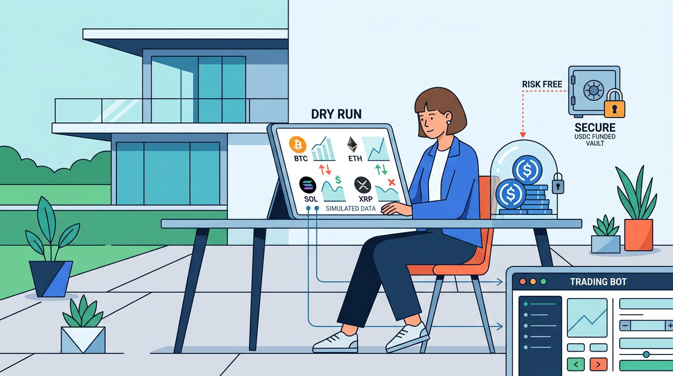 A developer monitors a digital dashboard showing code validation and a shield icon to learn how to run a dry run without risking real USDC