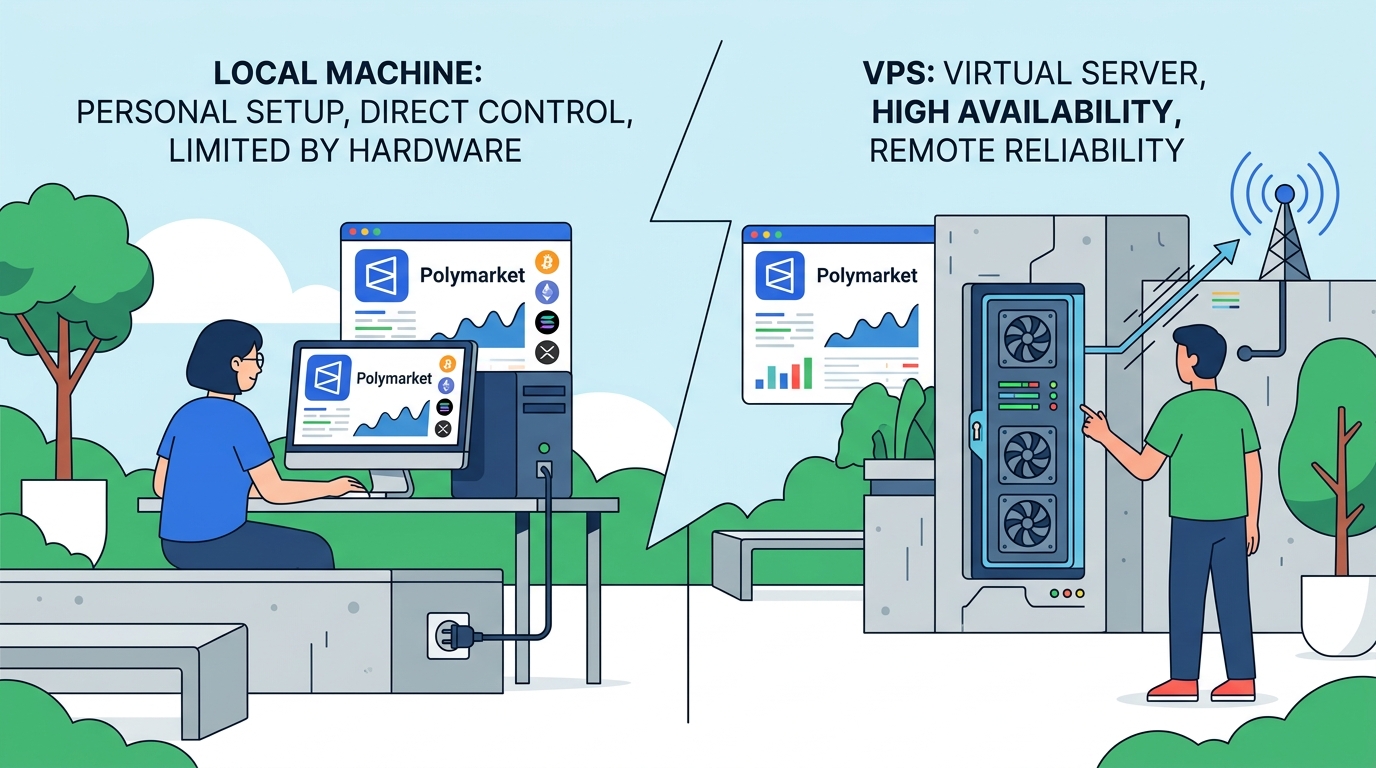Split screen comparing a desktop computer on a desk with a glowing server rack in a data center to evaluate local machine vs vps where to host your bot